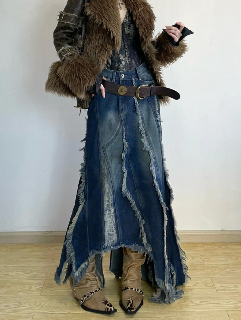 Falda vaquera Y2k Emo 2000s ropa falda larga Harajuku coreano 90s moda Vintage gradiente A-line Jean falda Grunge ropa