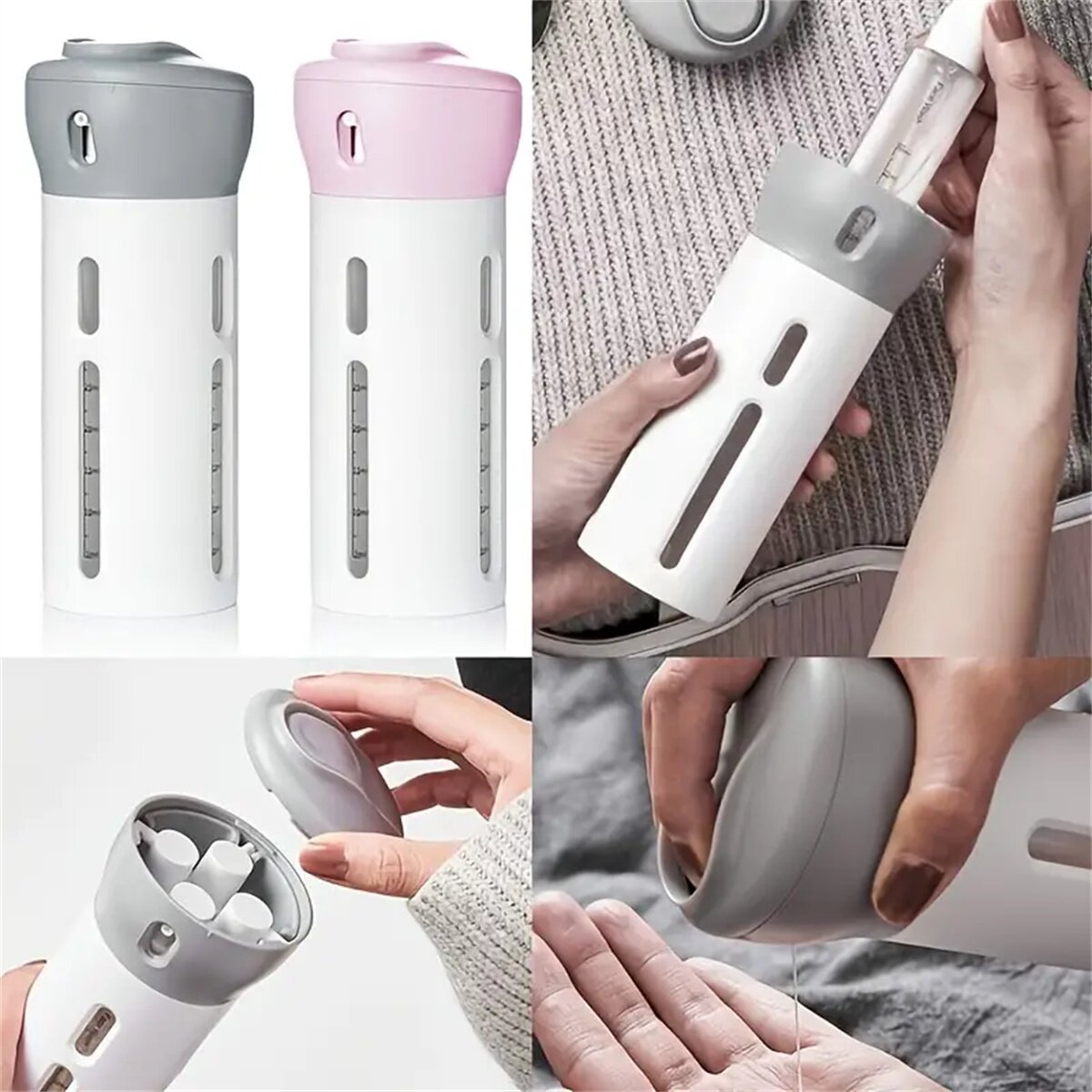 4-in-1 tragbare Reise-Flüssigkeitsspenderflasche, nachfüllbar, auslaufsicher, Reisebehälter für Parfüm, Shampoo, Spülung, Lotion