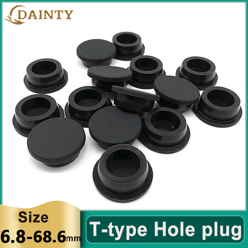 Tapones de goma de silicona negros con orificio, tapas ciegas, insertos de tubo, tapones a prueba de polvo, tapón tipo T A = 6,8mm ~ 68,6mm