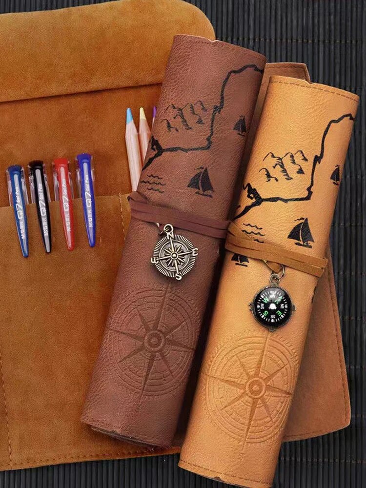 Vintage Treasure Map Pencil Case, Leather Roll-Up Pouch w/ Embossed Buckle, Large Capacity School Office Organizer (Gift)