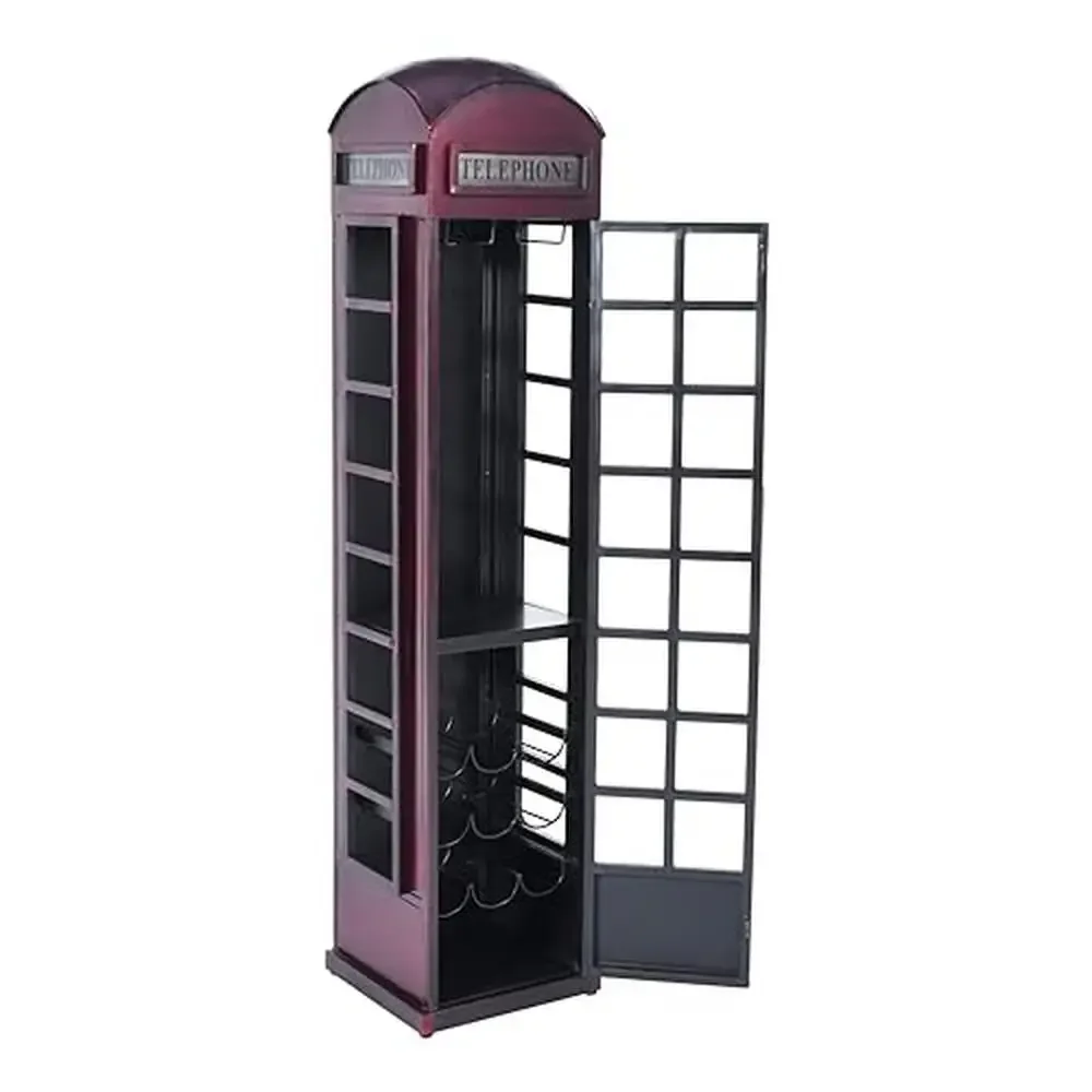 Vintage Telephone Booth Bar Cabinet with Wine Rack and Storage No Assembly Required Metal Frame Weathered Finish Heavy Duty