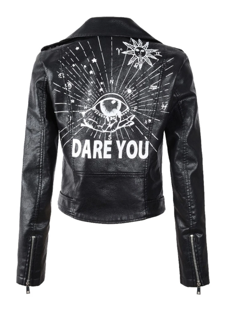 ผู้หญิงรถจักรยานยนต์เสื้อหนังFauxฤดูใบไม้ผลิStreetwear Graffitiพิมพ์BikerหนังสุภาพสตรีสีดําLapel Zipper Outwear