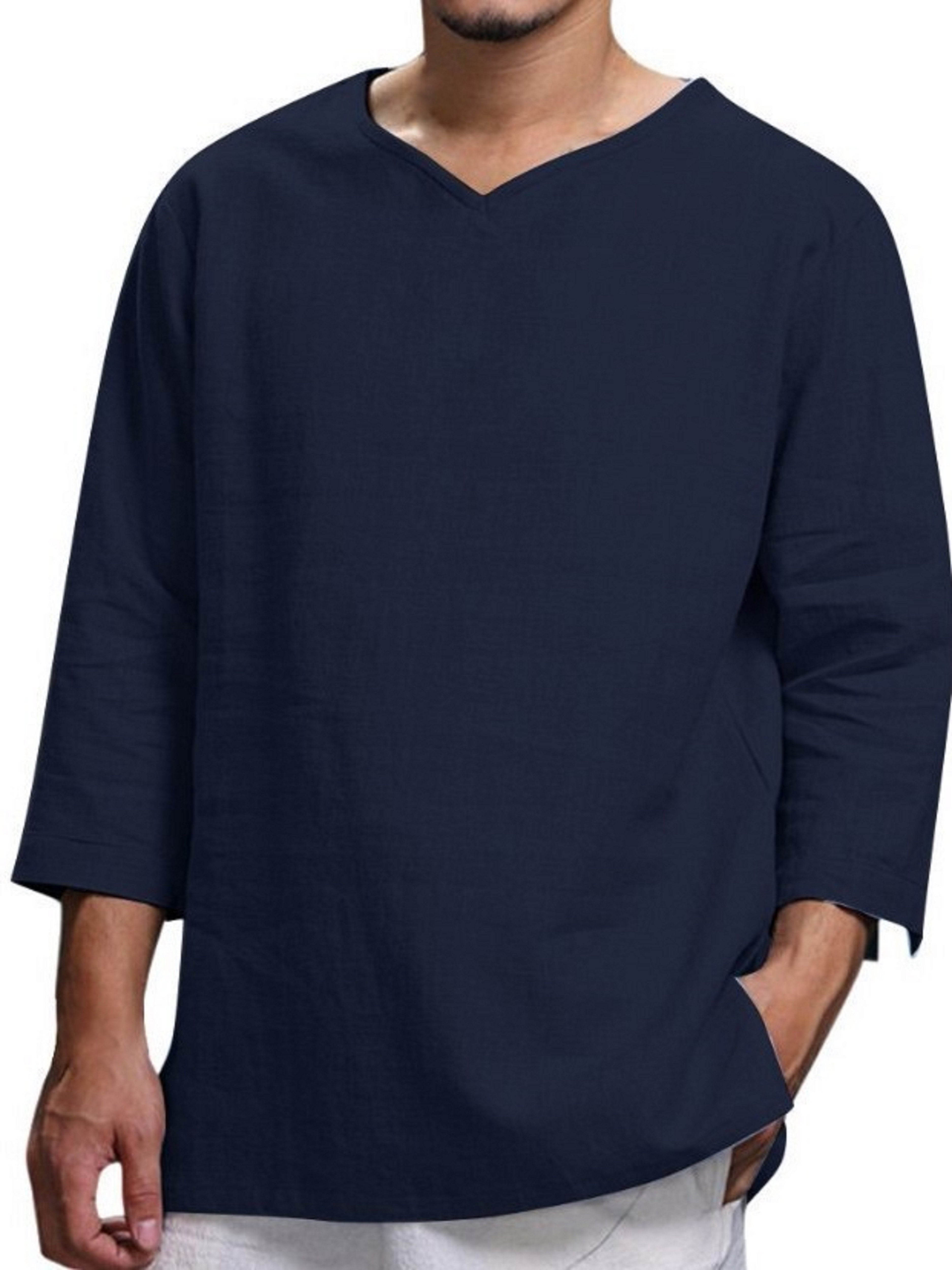 Einfarbiges Herren hemd aus reiner Baumwolle im Frühjahr und Herbst im Retro-Stil, lässiges Hemd mit 3/4 Ärmeln und V-Ausschnitt, vielseitiges Herren hemd