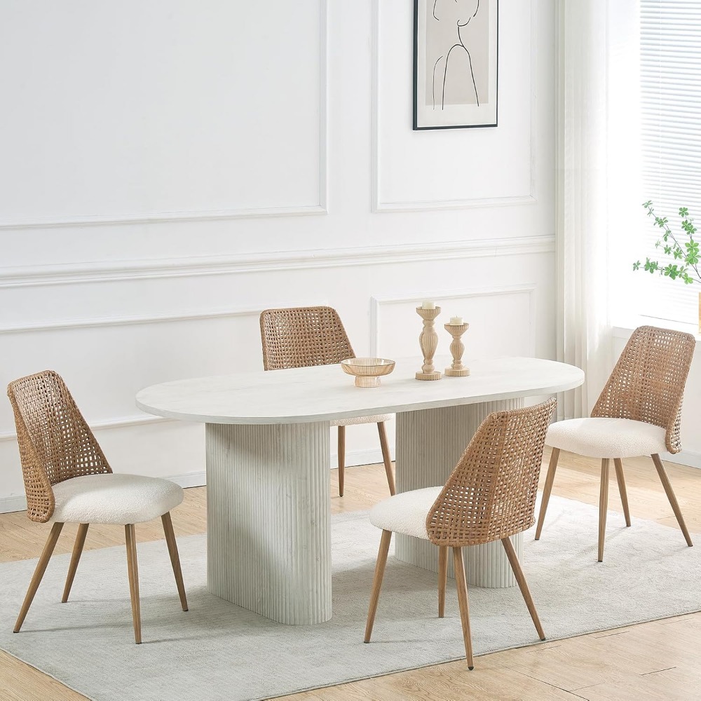 Rattan Dining Chairs Set of 4,Accent Upholstered Boucle Kitchen Room Chairs,Mid Century Modern Dining Room Chairs