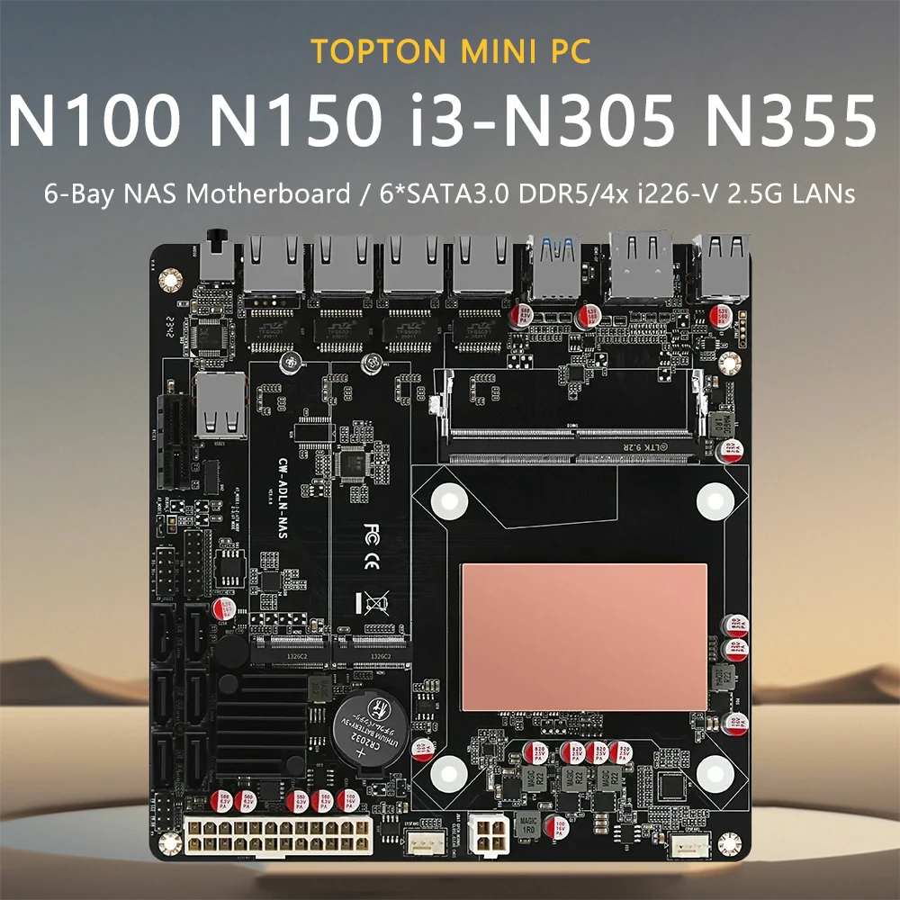 12e generatie Intel i3-N305 N355 N100 N150 NAS Moederbord 6-Bay 4xi226-V 2.5G 2*NVMe 6*SATA3.0 DDR5 PCIex1 Type-C Firewall Moederbord