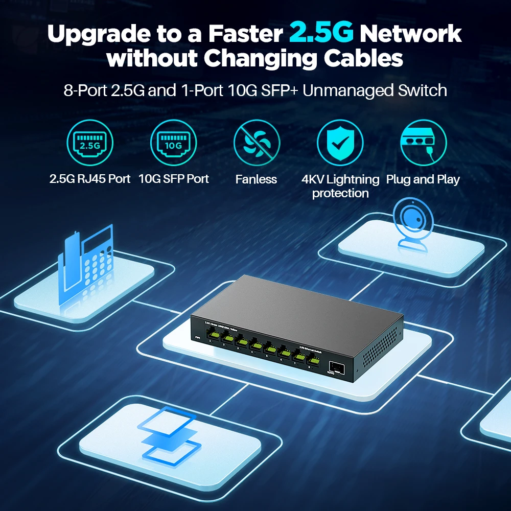 ギガビットイーサネットスイッチ,Ampcom-2.5ギガビット,10g,10/100/1000Mbps,金属製ファンレスネットワークスイッチなし