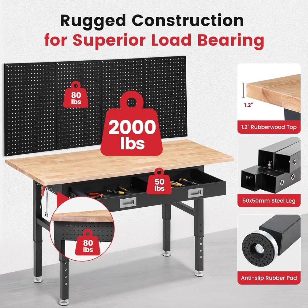 Work Bench with Ders Adjustable Workbenches or Garage 60 Inch Rubber Wood Top Garage Workbench with Pegboard,Power Outlets or Wo