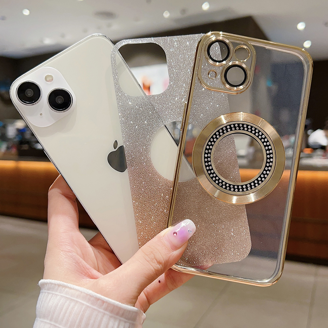 Casing berkilau lubang LOGO berlian mewah untuk iPhone 15 14 Plus 12 11 13 Pro Max Plating bening untuk Magsafe penutup tahan guncangan magnetik