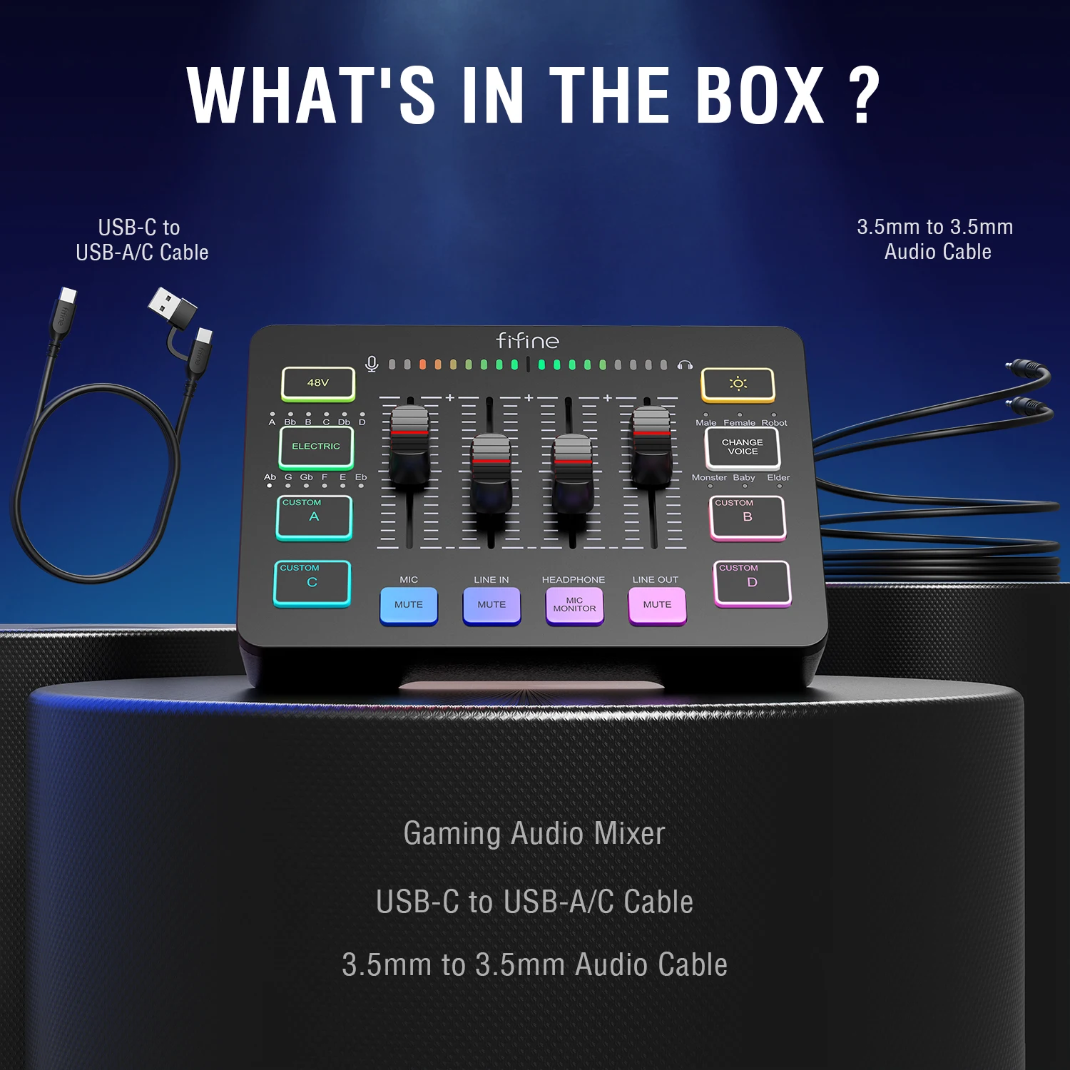 FIFINE-USB Gaming Mixer com Interface de Microfone XLR, 48V Phantom Power, Placa De Som RGB, Amplificador De Streaming, SC3, Placa De Som