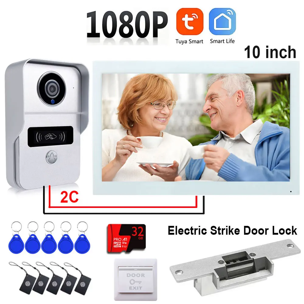 2 Draad Wifi Intercom Deurbel Video-intercomsysteem Voor Thuis Deurtelefoon Tuya APP 1080P Touch Monitor met elektrische Strike Lock