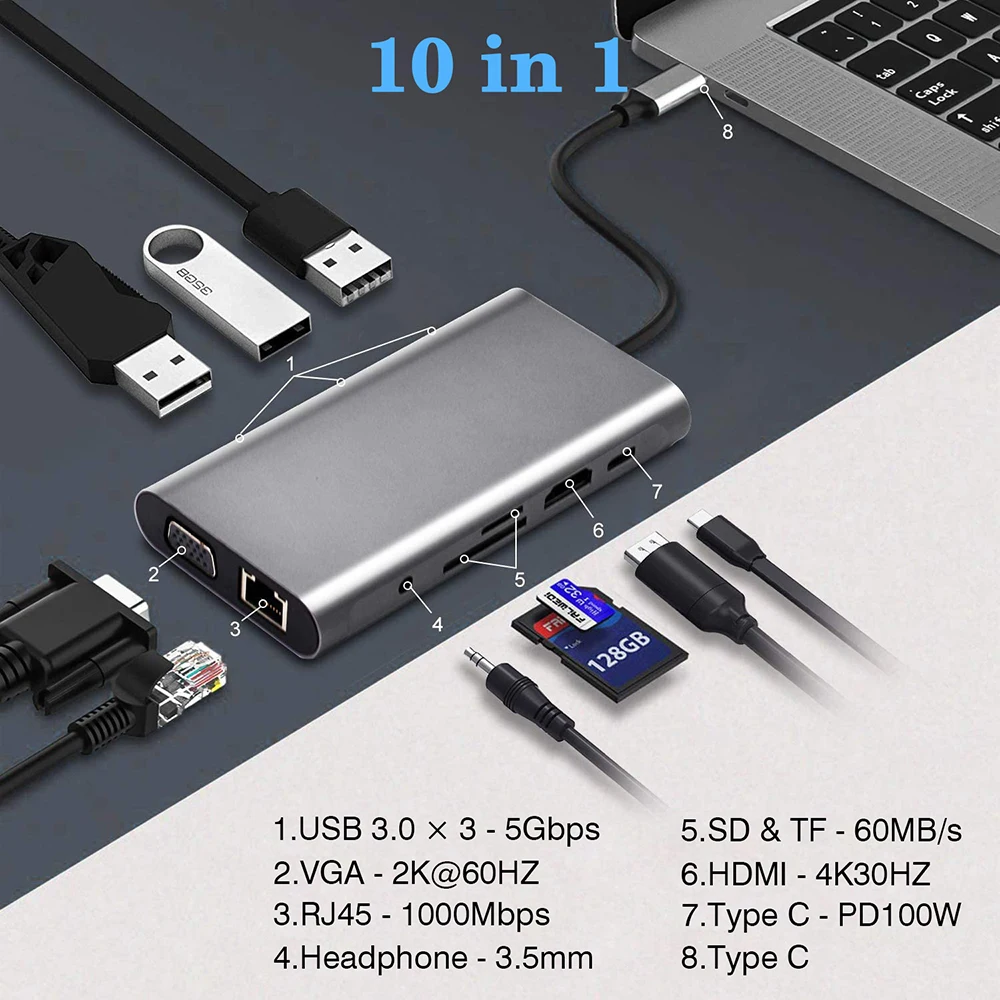 USB 3,0 tipo C HUB USB C estación de acoplamiento a HDMI 4K 30HZ multifuncional tipo C a RJ45 1000Mbps adaptador Ethernet extensor VGA