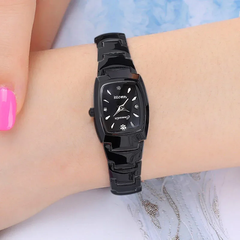 Reloj de cuarzo elegante para mujer, reloj de pulsera clásico de lujo de oro rosa y tungsteno de acero inoxidable con banda de Color para mujer