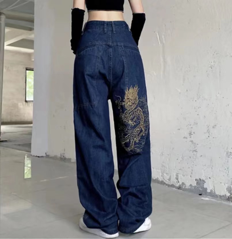 กางเกงยีนส์ทรงหลวมปักลายมังกรกางเกงยีนส์สเก็ตบอร์ด Y2k กางเกงขาทรงกระบอกฮิปฮอปสำหรับผู้ชายและย้อนยุคสำหรับผู้หญิงเครื่องแต่งกายแนวสตรีทฮาราจูกุ