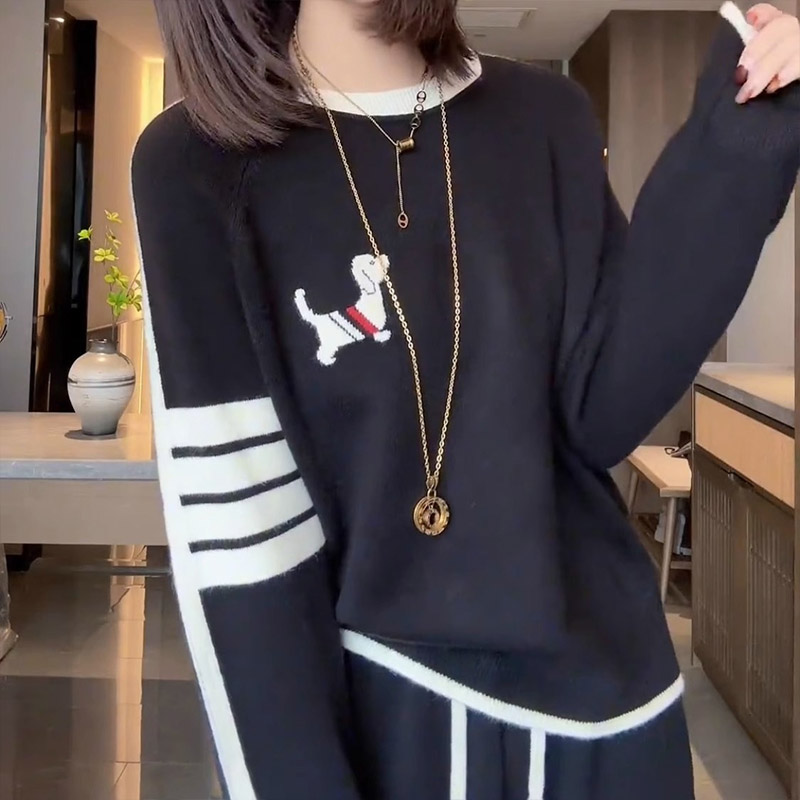 Ropa de mujer, jerséis con cuello redondo que combinan con todo con bordado de cachorros, moda de otoño e invierno, suéteres de punto holgados de manga larga, Tops elegantes y dulces