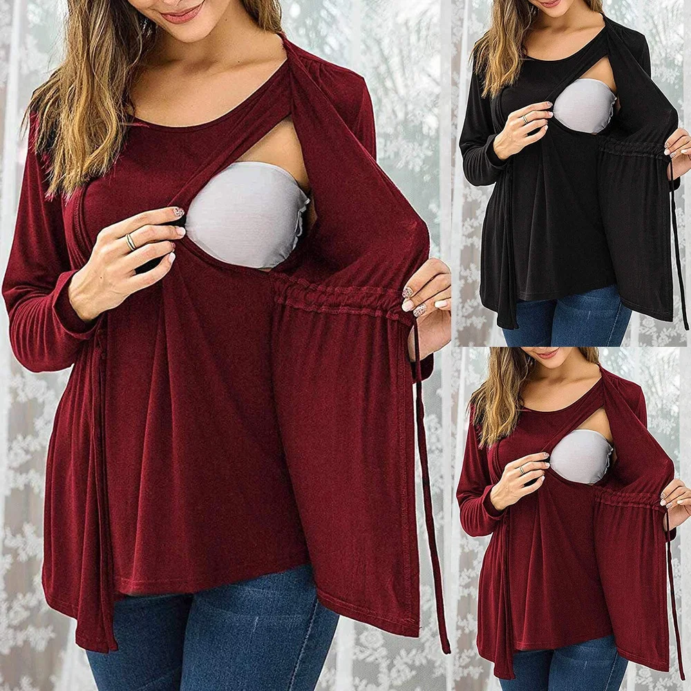 Otoño Invierno manga larga cuello redondo falso dos piezas con cordones lactancia camiseta superior para mujeres embarazadas prendas de vestir para mujeres embarazadas