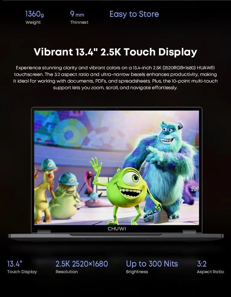CHUWI 프리북 태블릿 노트북 2-in-1 인텔 N150 13.5인치 FHD 터치스크린 16GB LPDDR5 RAM 512GB SSD WIFI 6 BT5.2 윈도우 11