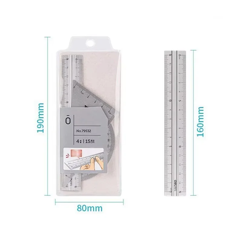 4 in 1 Deli Metal Ruler Stationery Set Aluminum Alloy Multifunctional Combination Ruler Triangle Protractor Alloy Drawing