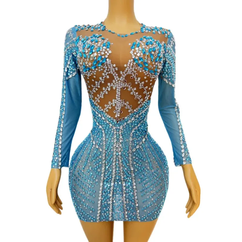 Sexy Mesh Transparent Sparkly Strass Ketten Langarm Kurzes Kleid Feiern Abend Prom Geburtstag Kleid Bühne Party Kleid