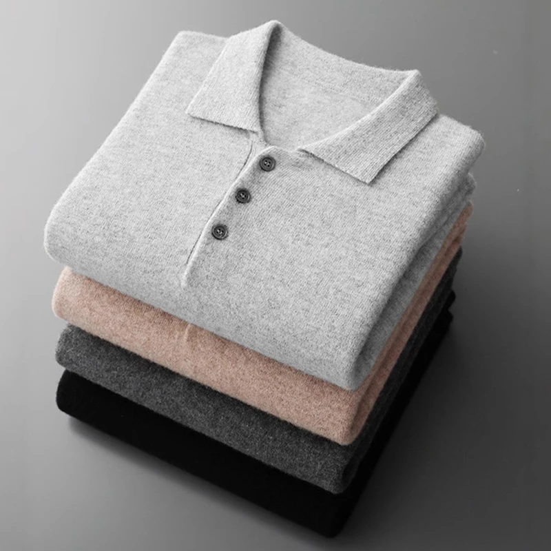 Luxus Männer Kaschmir Pullover 100% Merino Wolle Mit Knöpfen Pullover Herbst Winter Polo Kragen Strickwaren Männlichen Casual Warme Jumper Tops