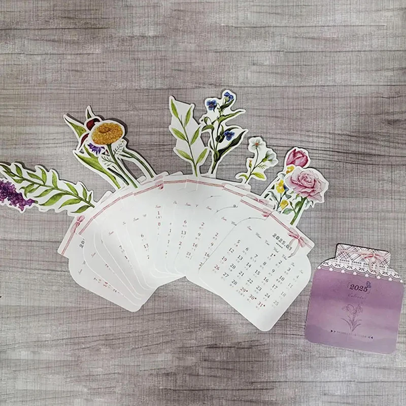 2025 Flower Desk Calendar Creative Wooden Card Calendar High Quality Desktop Calendar Illustrator Card Insertion Calendar