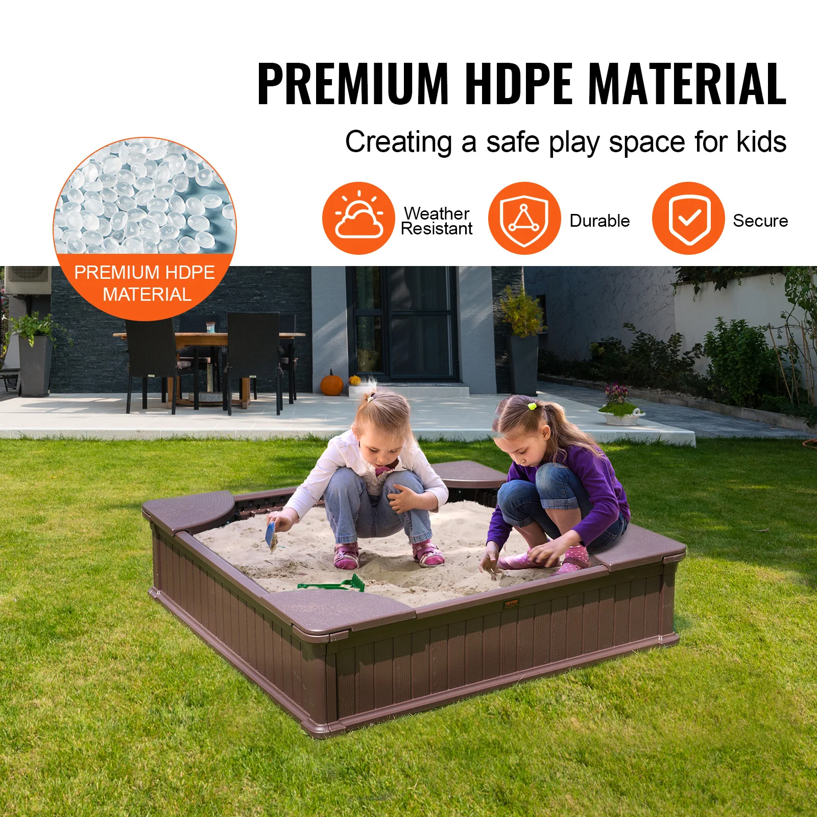 SucceBuy Sandbox con coperchio nella scatola di sabbia quadrata con 4 sedute angolari e rivestimento inferiore Sandbox per bambini per esterni per bambini