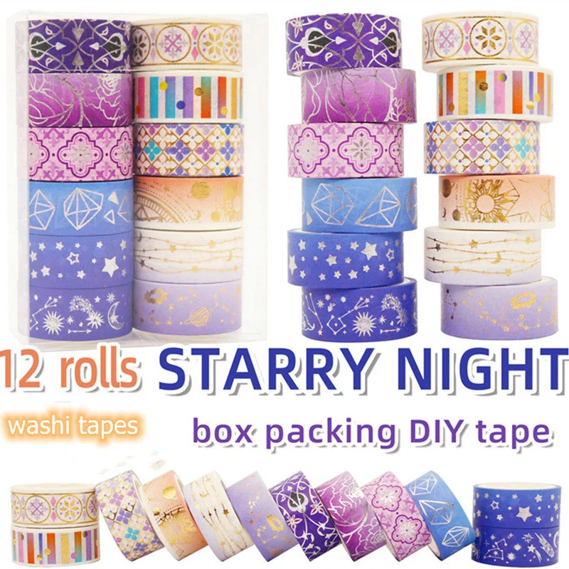 12 rollos/juego de cintas Washi de lámina dorada y estrella púrpura, serie Constellation, cintas adhesivas láser para álbum de recortes, juego estacionario DIY