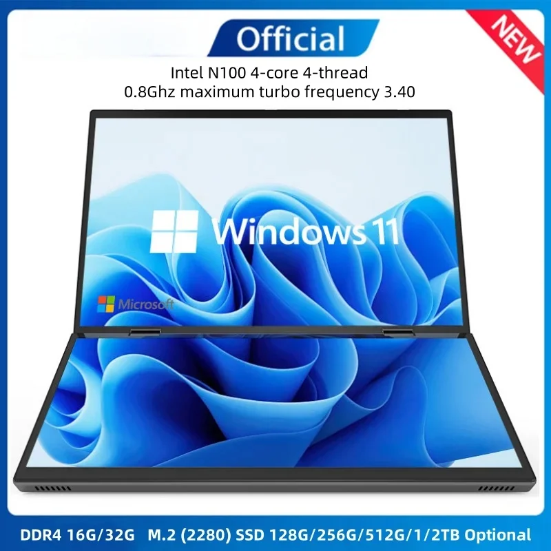 14 inch plus 14inch touch Dual Screen Laptop Intel N100 Processor Gaming Laptop DDR4 16GB 1TB  Notebook Computer