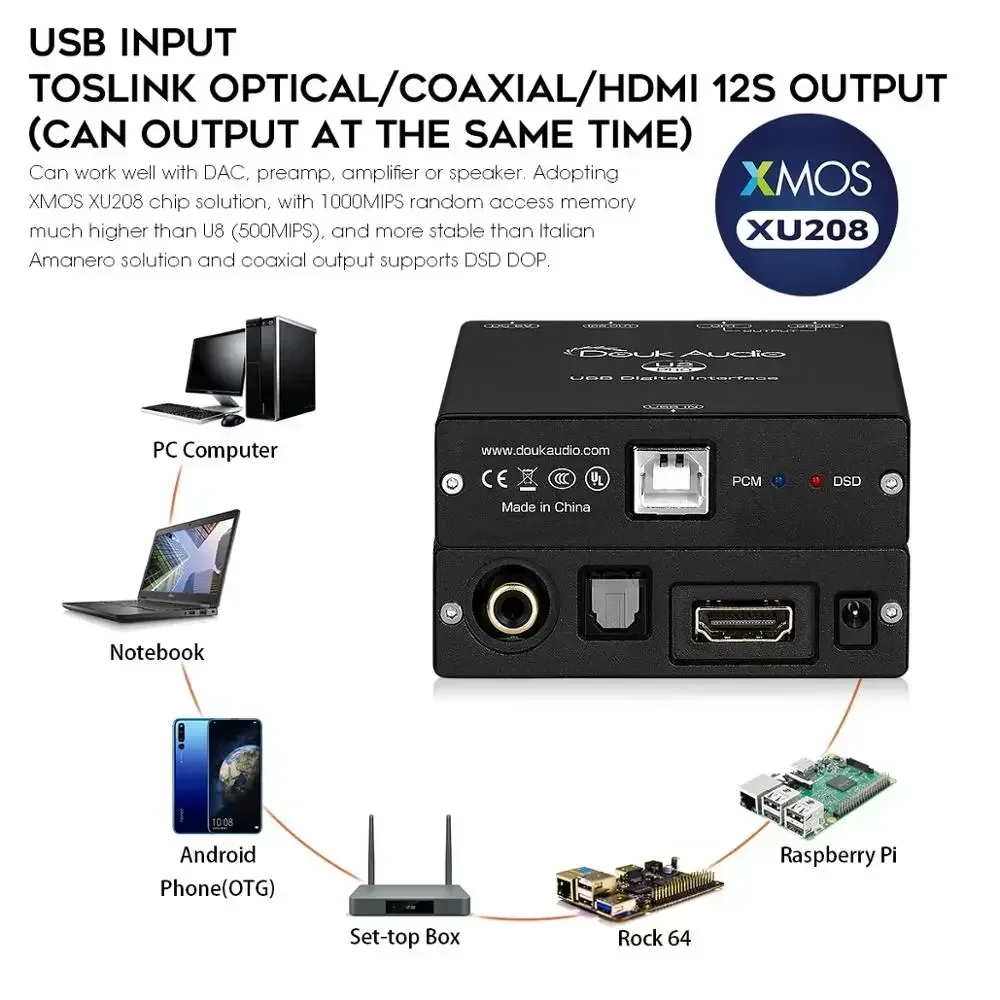 Douk Âm Thanh U2 Mini XMOS XU208 USB Để Đồng Trục/Quang Học/12S Chuyển Đổi Kỹ Thuật Số Giao Diện DSD256 PCM384K