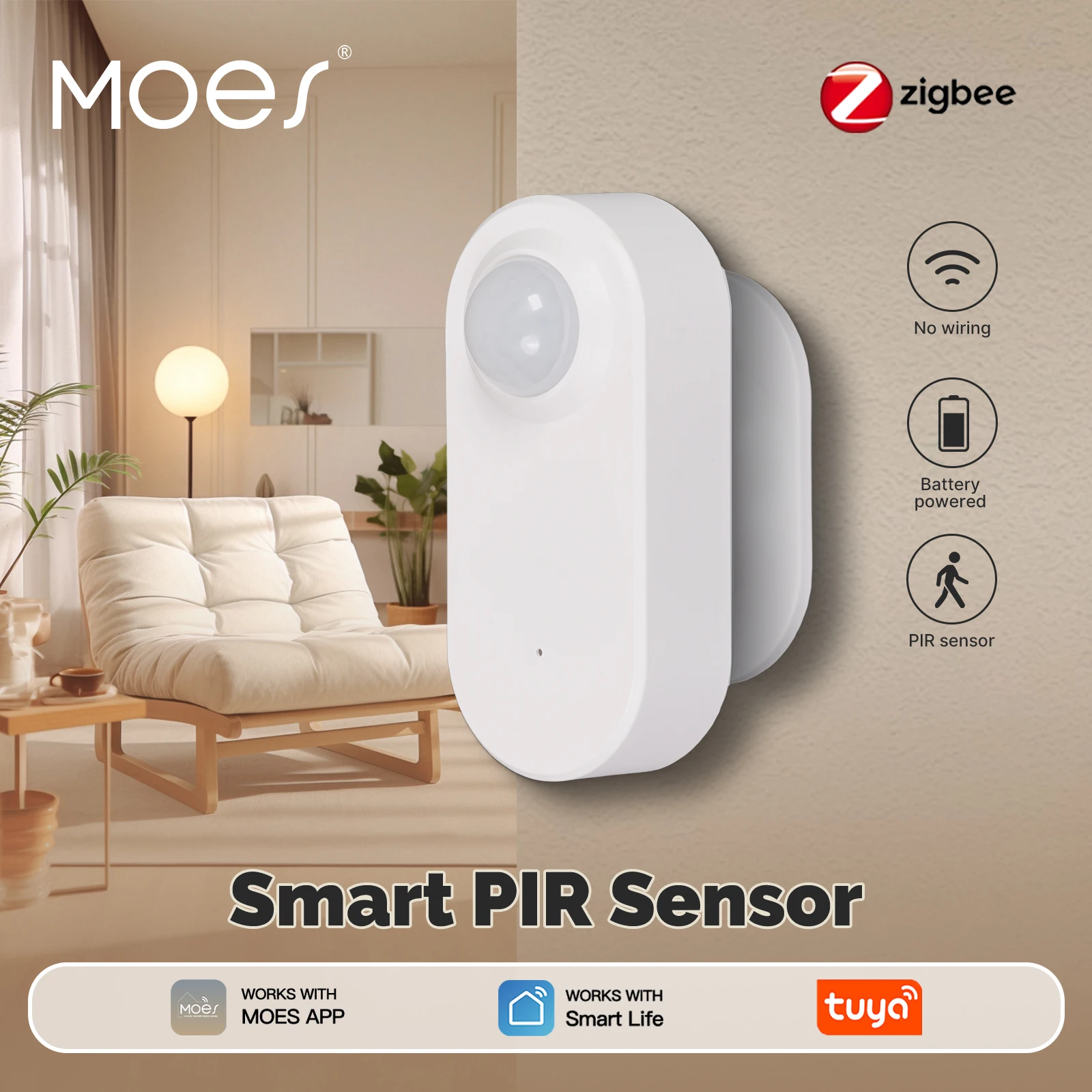 MOES Tuya Zigbee capteur PIR intelligent alimenté par batterie corps humain détection de mouvement infrarouge liaison de scène fonctionne avec l'application Smart Life