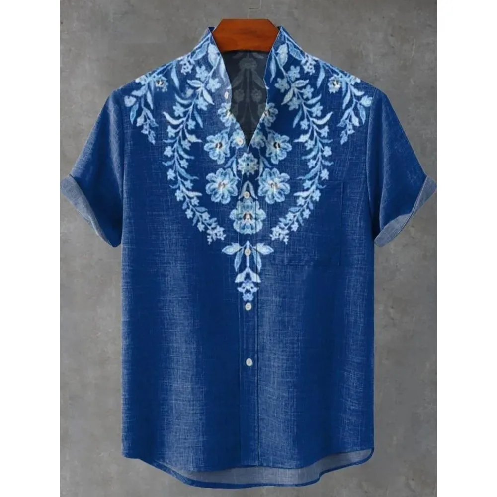 Moslim kleding heren retro tribal totem padrão impressão de linho masculino tecido confortável camisa de manga curta estilo étnico tribal