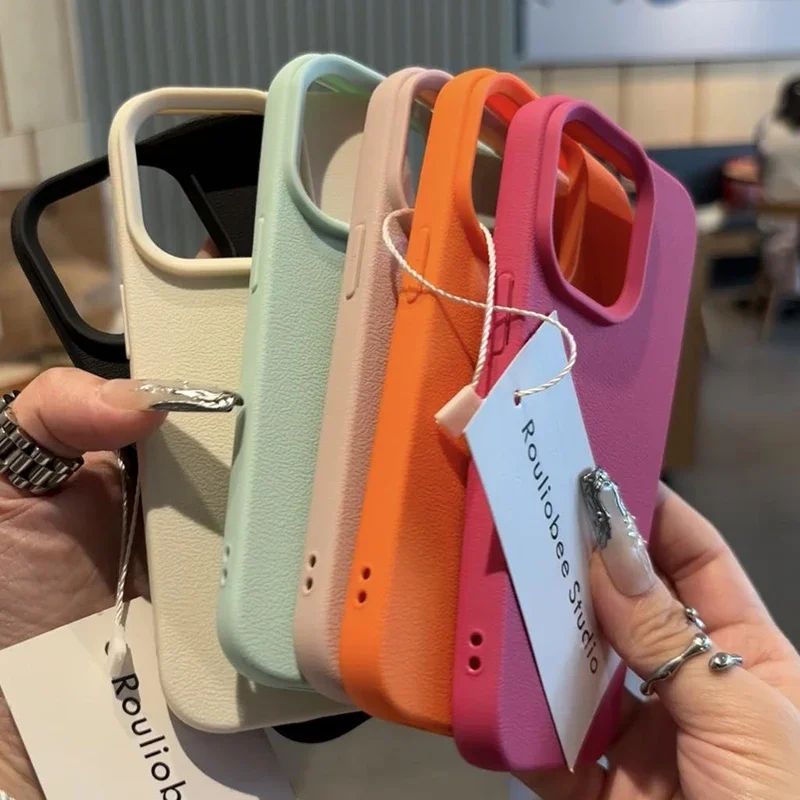 Funda de teléfono de silicona con patrón de lichi de Color caramelo suave para iPhone 11 12 13 14 15 16 ProMax Plus 16E X XS XR cubierta de parachoques a prueba de golpes