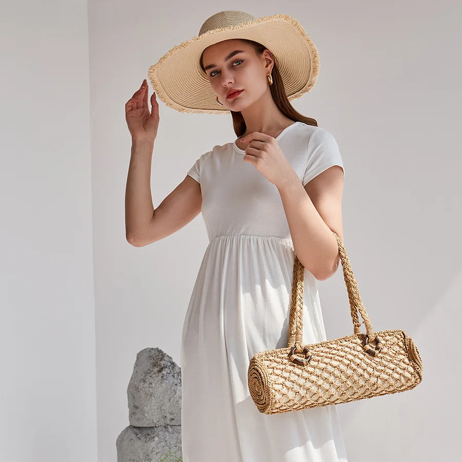 女性用トップハンドル付きショルダーバッグ,ロングハンドバッグ,ビーチと休暇用,ログ型,レプリカサマー,2023