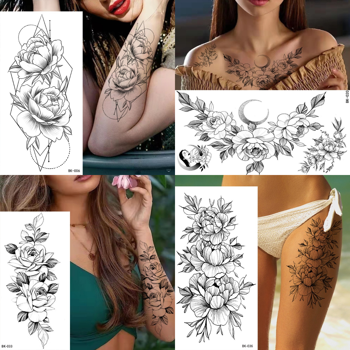 Tatuagem temporária à prova dwaterproof água adesivo flores rosas lírios peônias padrões geométricos arte corporal braço tatuagens falsas manga mulheres homens