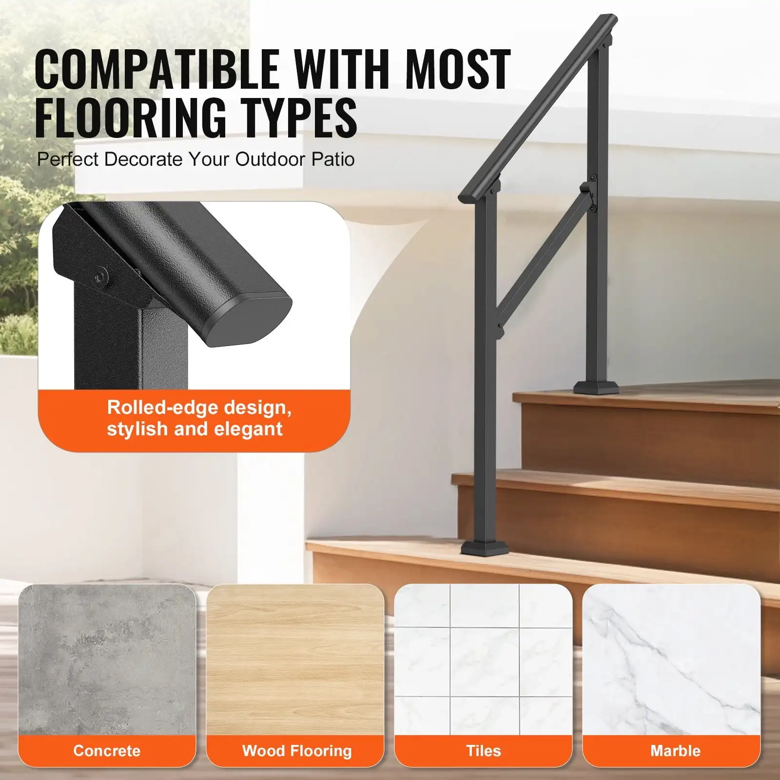 2-3 Handrails for Outdoor for Seniors Porch Deck Black Square Tube Steel