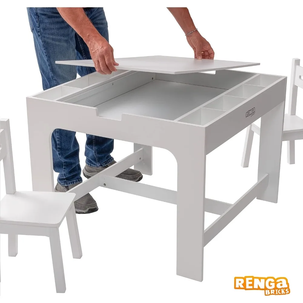 2 in 1 Play Table and 2 Chair Set with Storage, Compatible with Lego and Duplo Bricks, Activity Table Playset Furniture
