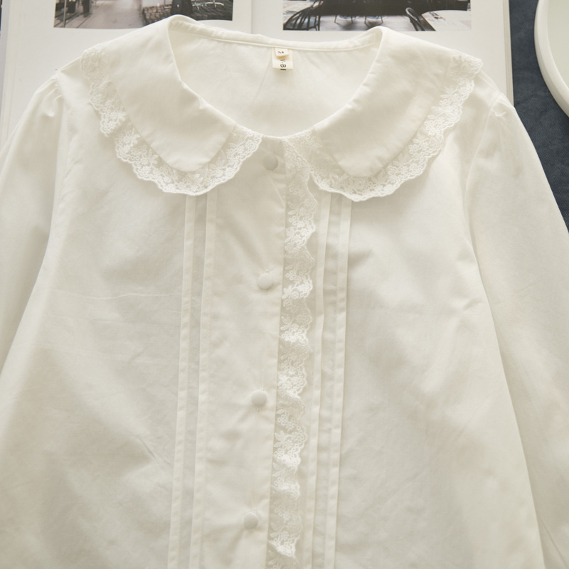 新しい秋綿 100% 白シャツ女性固体かわいいトップスガールピーターパン襟長袖シックなレースブラウス春 T39134QM