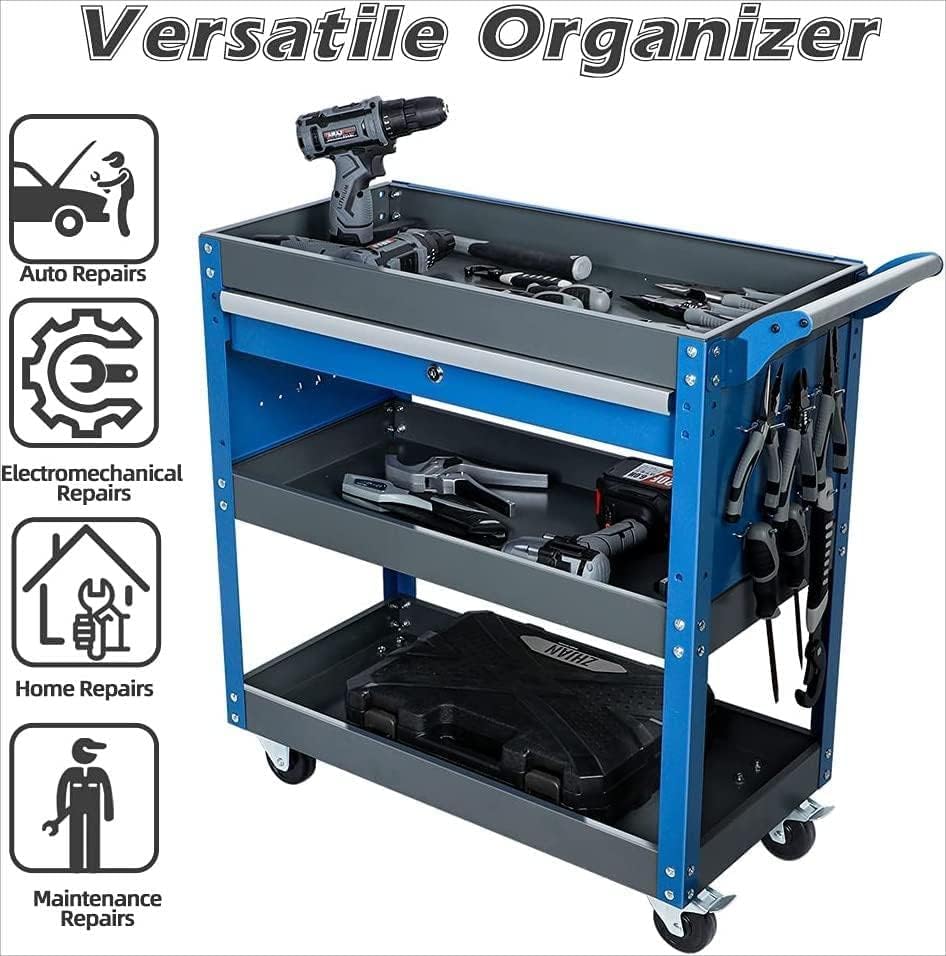AIRAJ 3 Tier Rolling Tool Cart on Wheels,Metal Heavy Duty Mechanic Cart with Drawers and Pegboard,Industrial Utility Cart