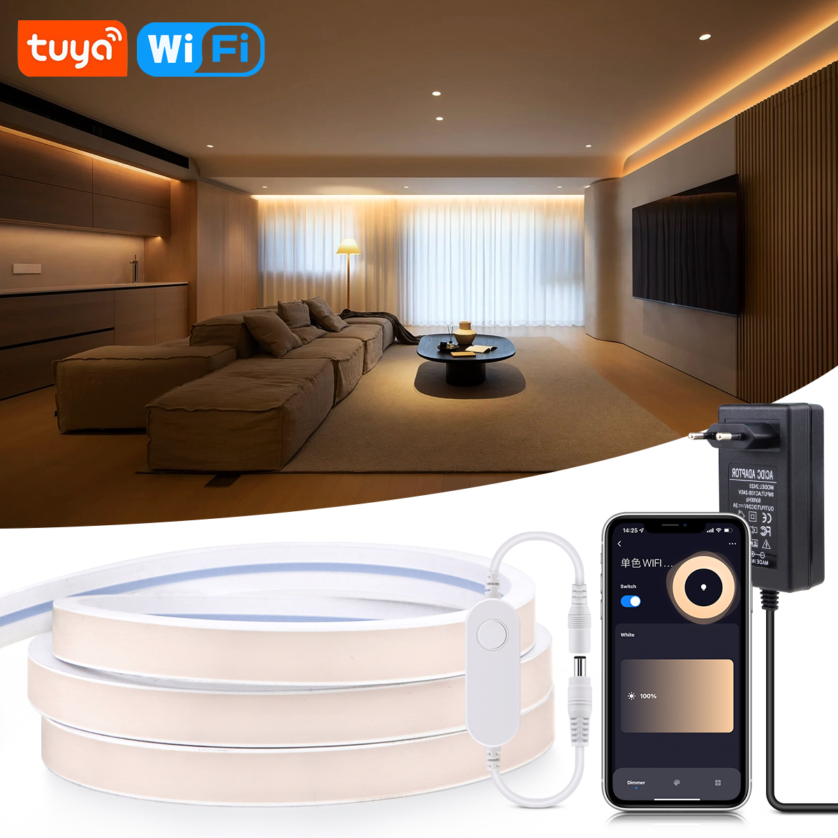 Tuya 스마트 WiFi APP DC 24V COB 라이트 LED 스트립 네온 실리카 젤 테이프 백라이트 DIY 홈 인테리어 Alexa Google 홈으로 작업