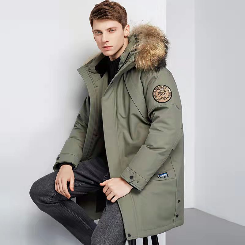 2023 Winter Boutique Mode Verdickung warme Herren lässig Kapuze Pelz kragen Daunen jacke Marke High-End Herren Daunen mantel Army green