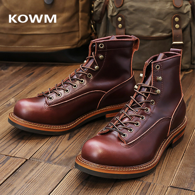 KOWM Wanderschuhe Herren Wanderstiefel Britisches Rindsleder High Top Motorradstiefel Knöchel Lässige Turnschuhe Trekkingschuhe mit dicken Sohlen