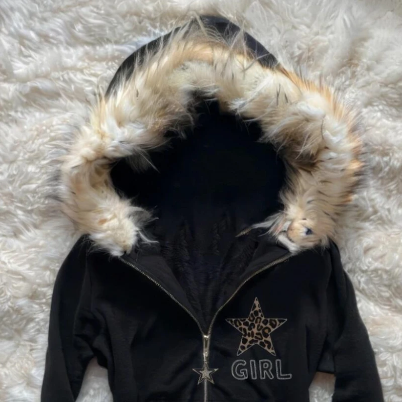 Otoño e Invierno retro estrella negra patrón de leopardo mujeres cuello de piel cremallera Sudadera con capucha moda calle Harajuku chaqueta de cintura