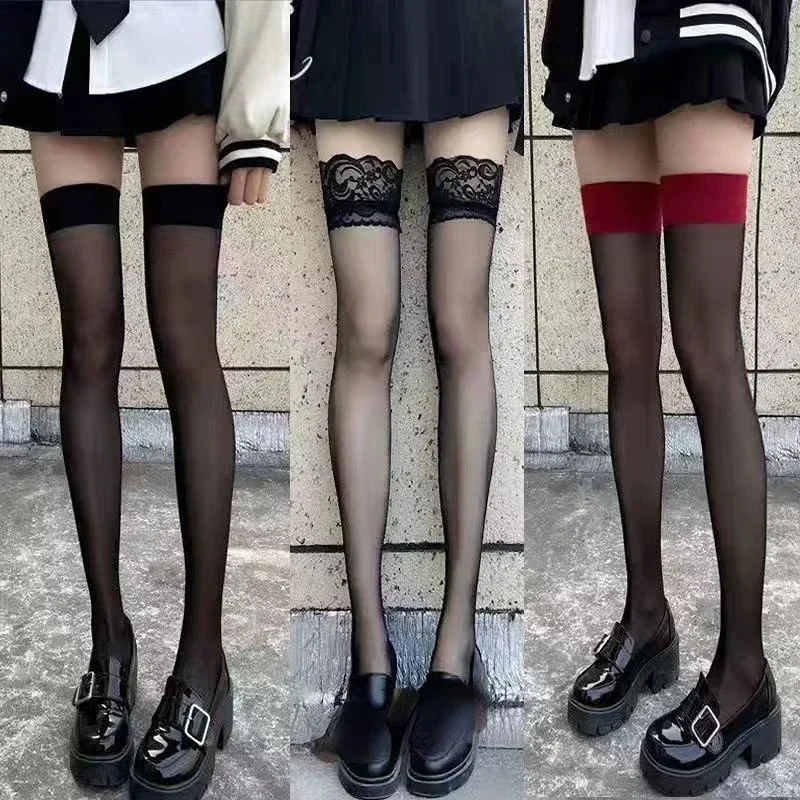 Jk trajes femininos sexy coxa alta meias arrastão lolita meninas gótico punk transparente sobre o joelho vermelho borda larga meias longas