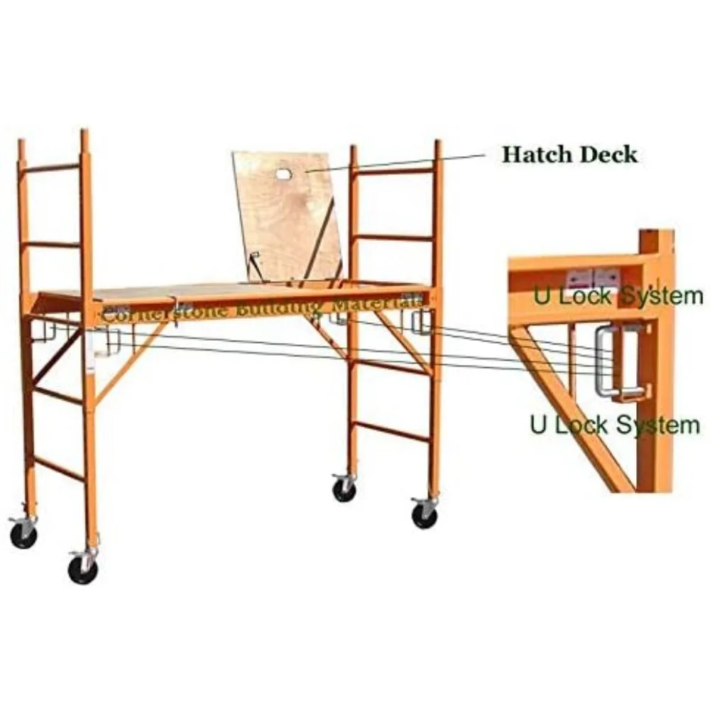 Multipurpose Maxi Square Baker Style Scaffold Tower Package - 12 Feet, 1,000 Pound Capacity With Hatch Deck Guard Rail and