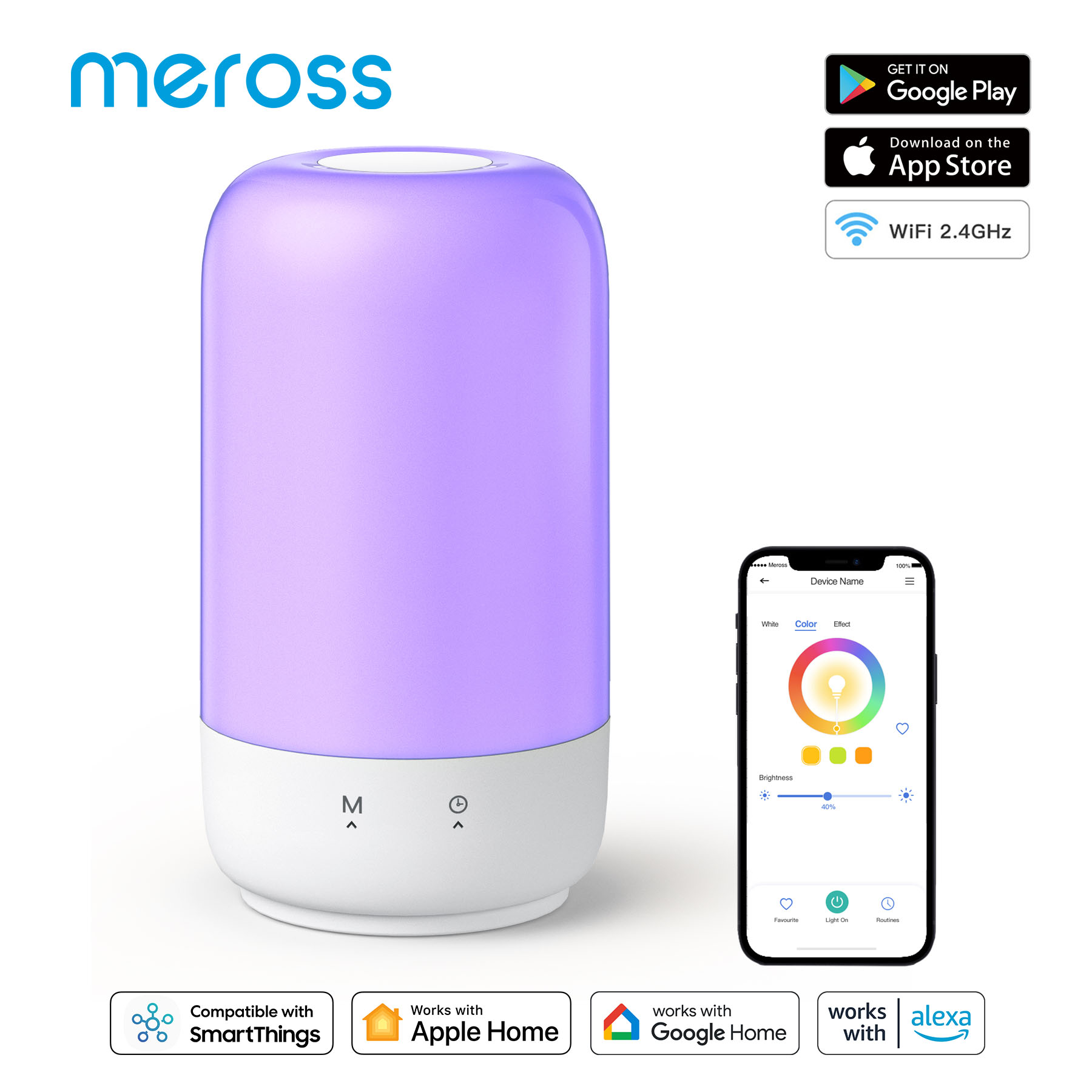 Meross HomeKit Intelligentes Umgebungslicht, WiFi-LED-Nachtlicht für Schlafzimmer, dimmbare Nachttischlampe, funktioniert mit Siri, Alexa, Google Assistant