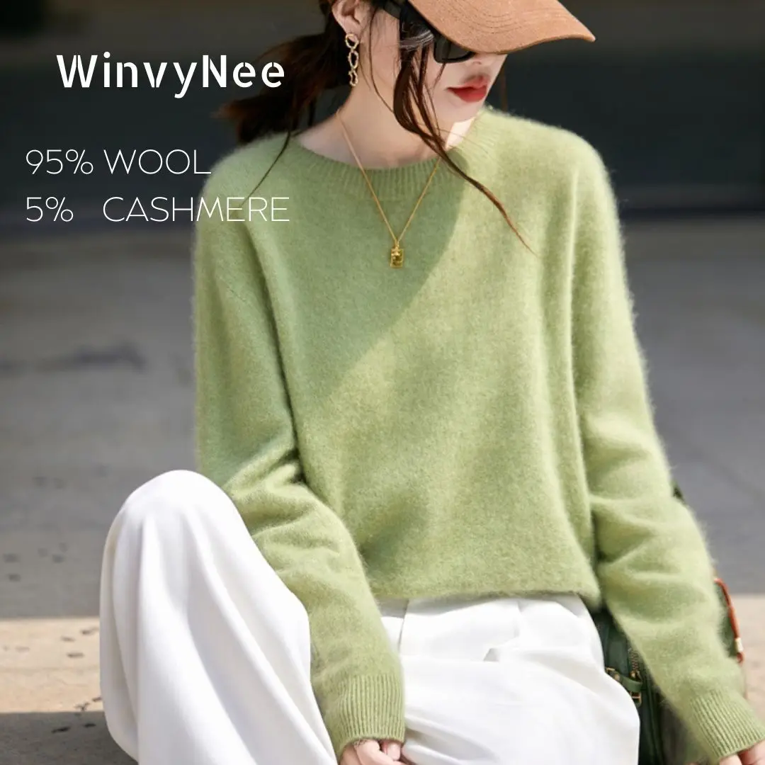 WinvyNee Roupas femininas de lã escovada, gola redonda, rosa, suéteres casuais, macios, sólidos, de malha, pulôveres, inverno a1713001