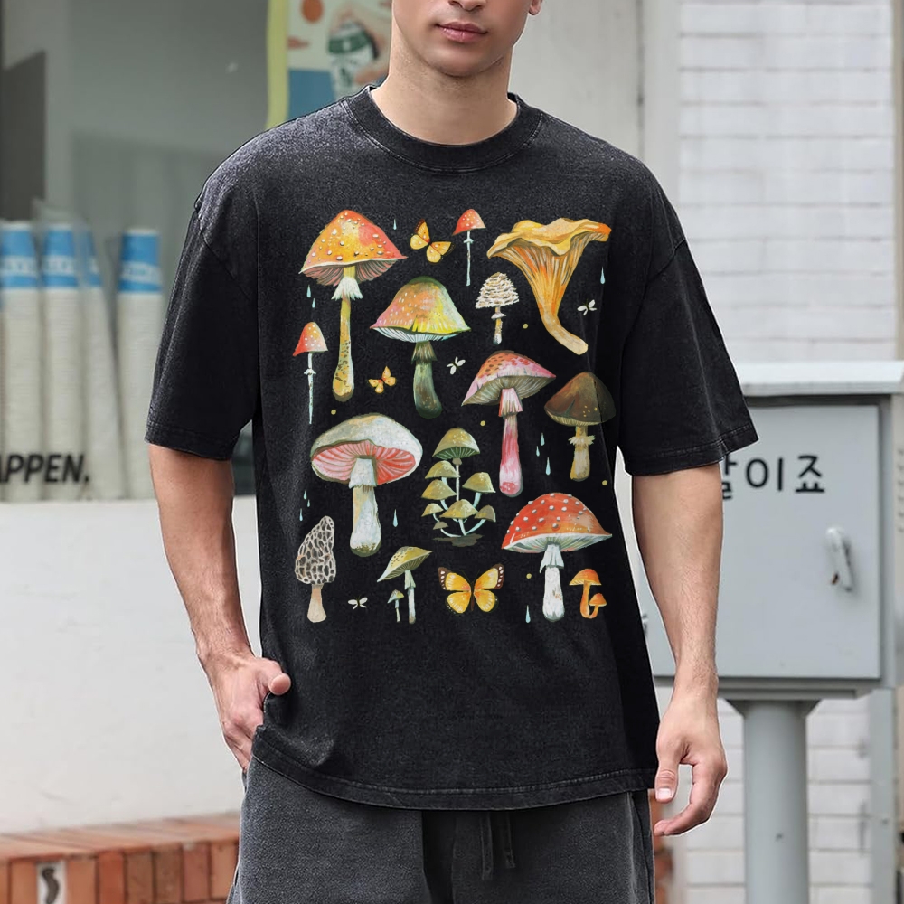 ラウンドネックTシャツ,レトロ,ウォッシュド,高品質,純綿,マッシュルームプリント,半袖,新しい夏のファッション