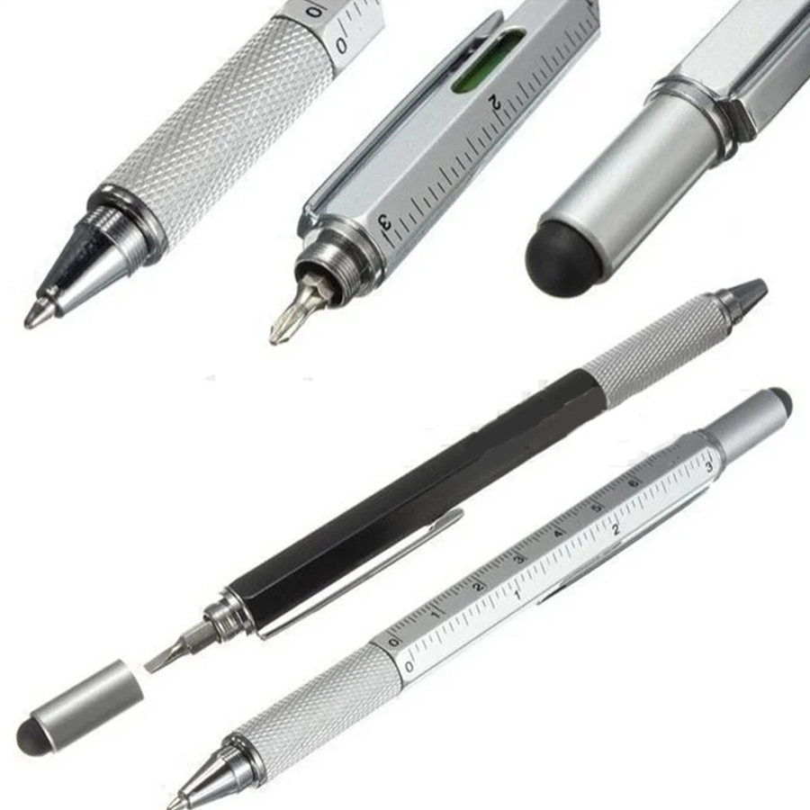 Caneta esferográfica multifuncional 7 em 1, com ferramenta portátil moderna, régua técnica, tela, chave de fenda, toque, nível de espírito
