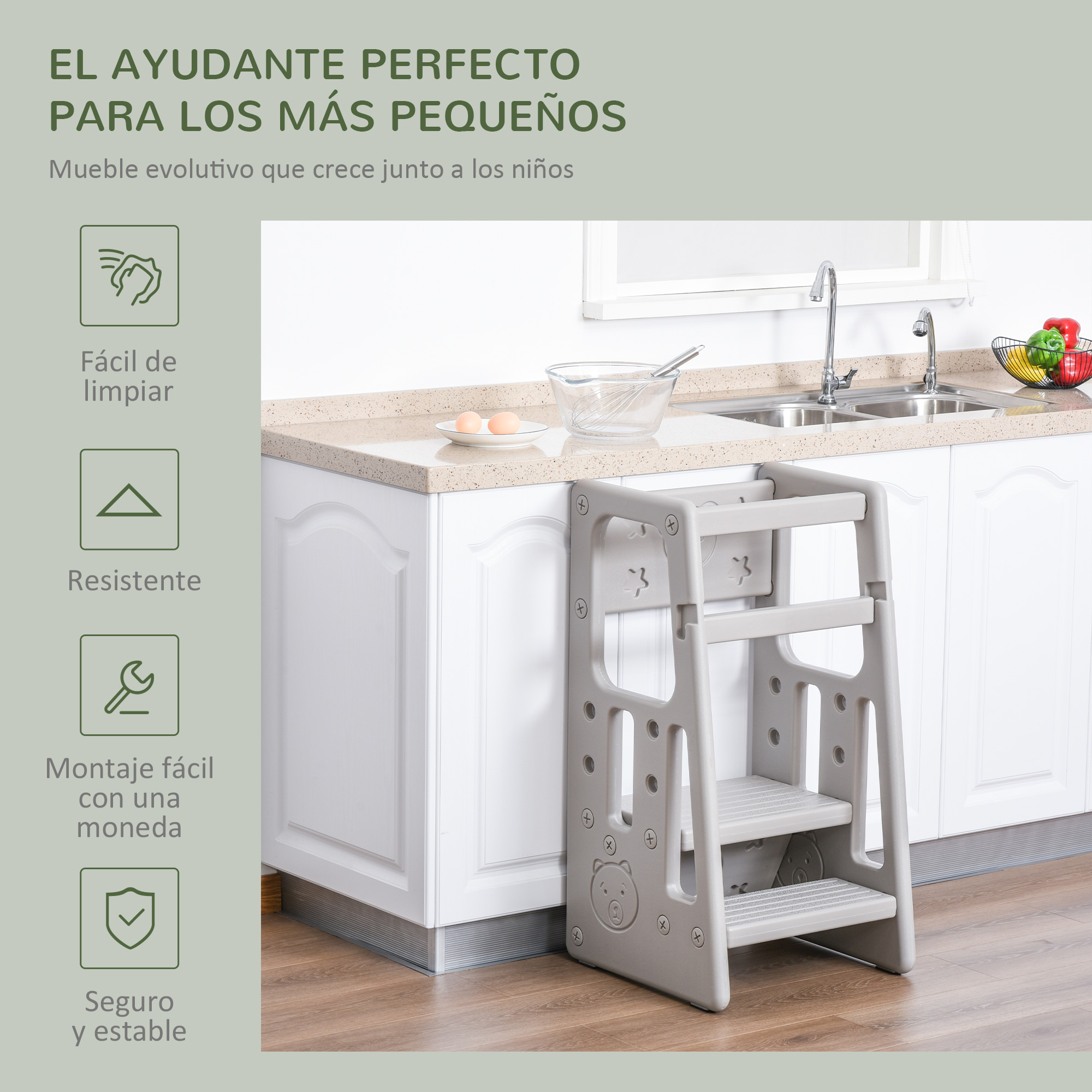 HOMCOM Torre de Aprendizaje para Niños con Altura Ajustable 47x47x90 cm Gris