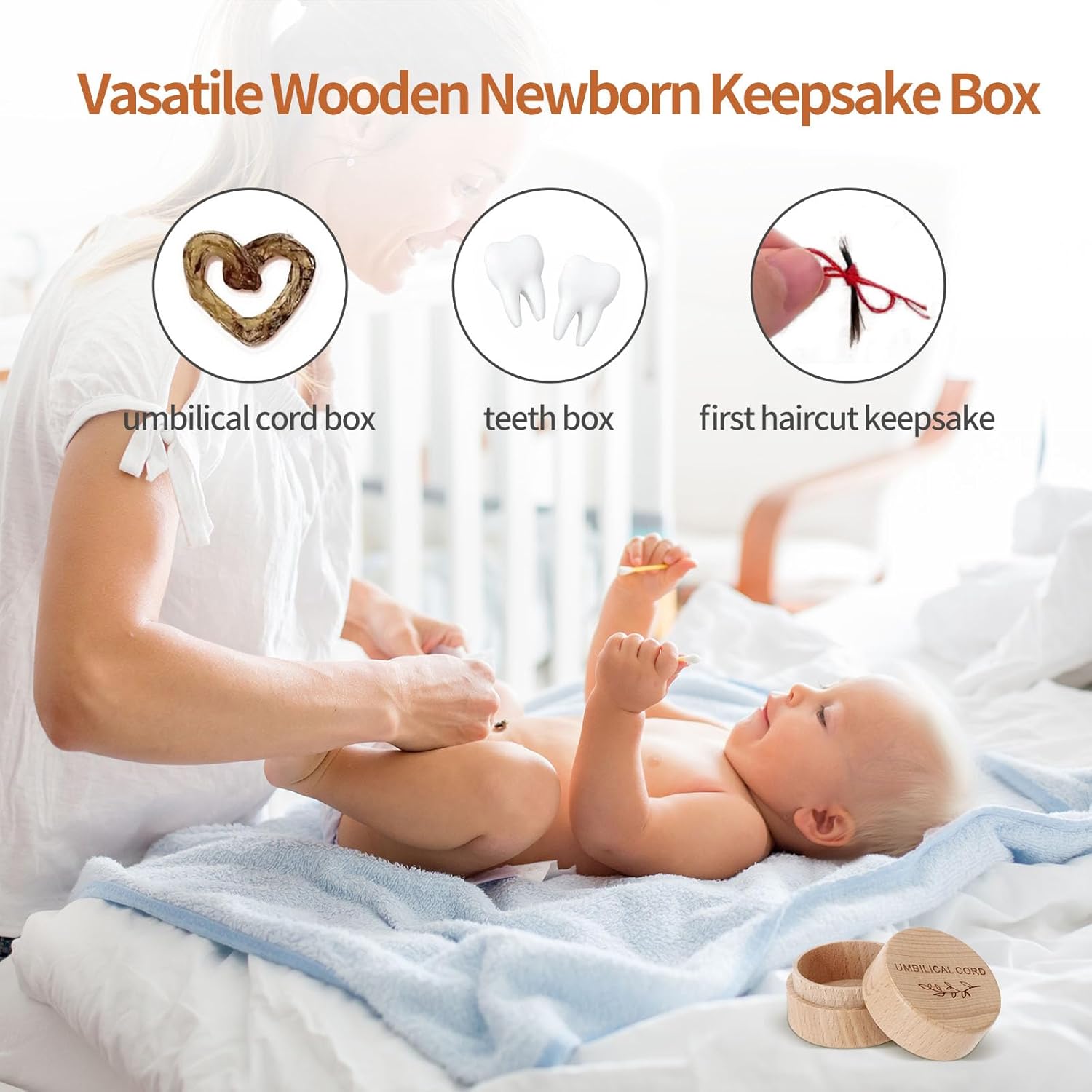 Caixa de lembrança de cabo umbilical de madeira, caixa de memória de bebê gravada para armazenamento de cabo umbilical, fácil abertura, primeiro lembrança de corte de cabelo