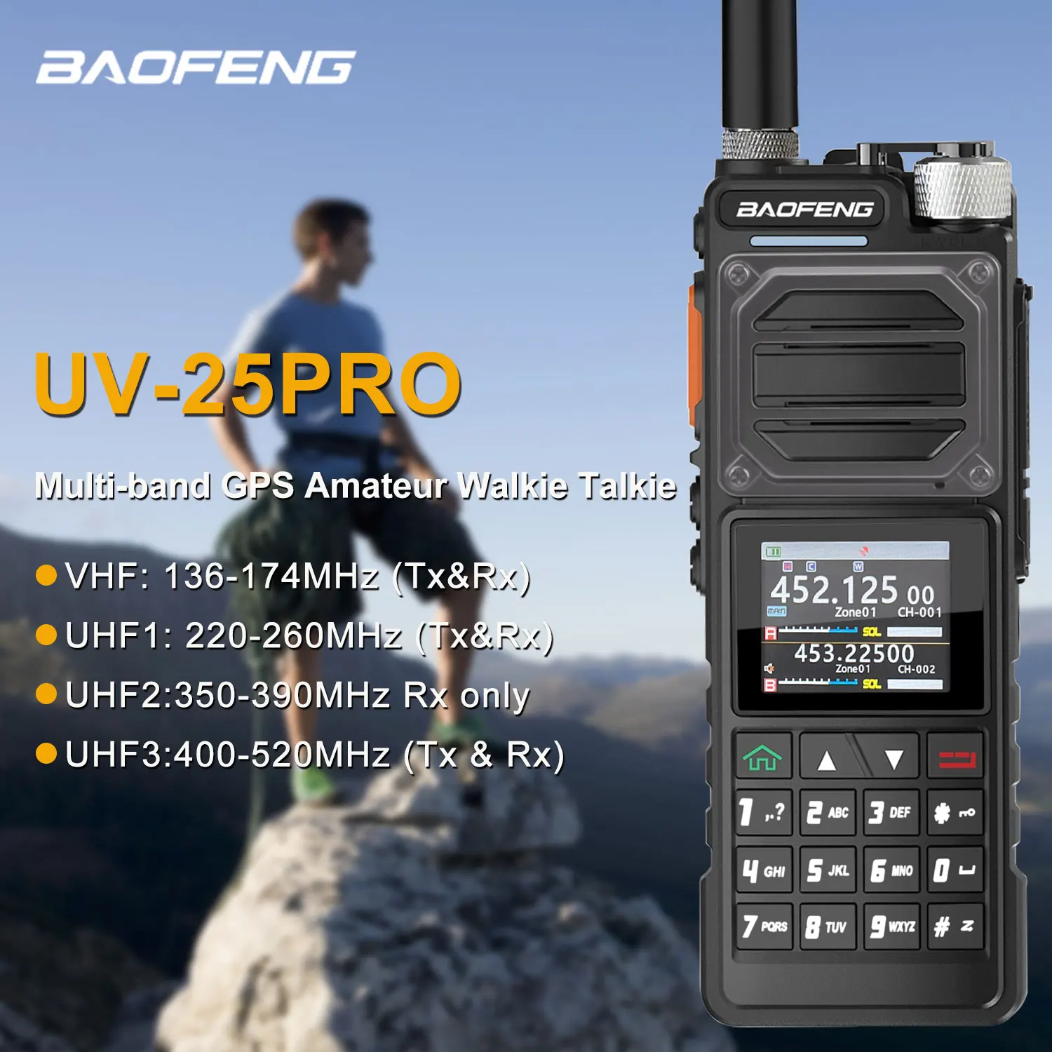 Baofeng UV-25PRO GPS Walkie Talkie 10W 1000Ch aviación multibanda FM Amateur Radio bidireccional con batería recargable tipo C de 5200mAh